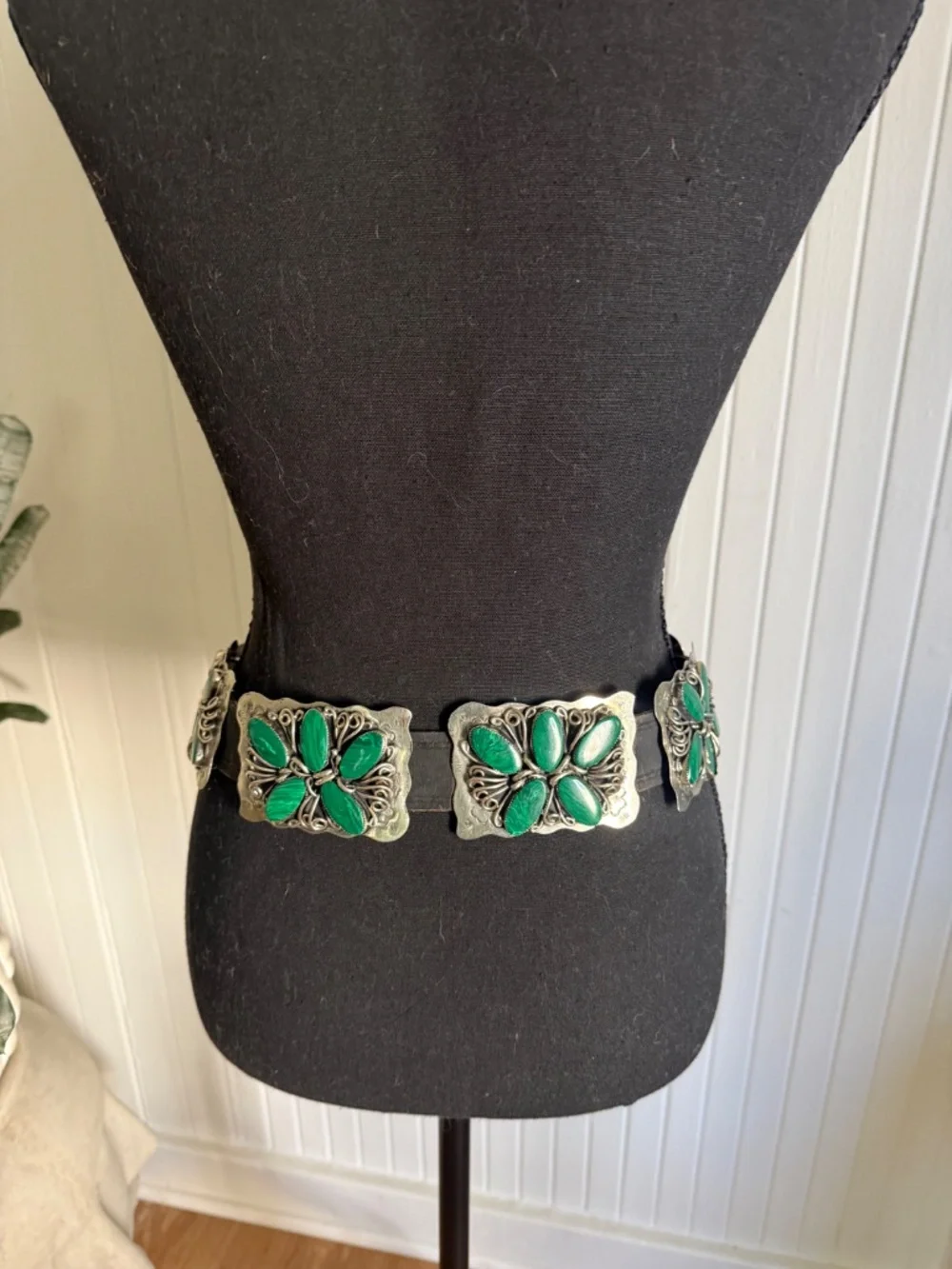 Vintage Navajo Old Pawn Sterling Silver Malachite Concho Belt Handmade
